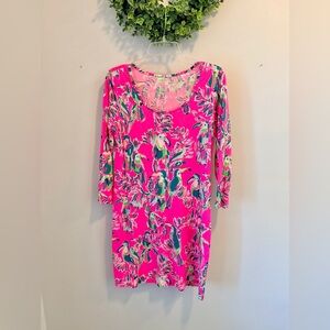 Lilly Pulitzer Beacon Toucan Dress Med Pink Pima Cotton 3/4 Sleeve Tropical